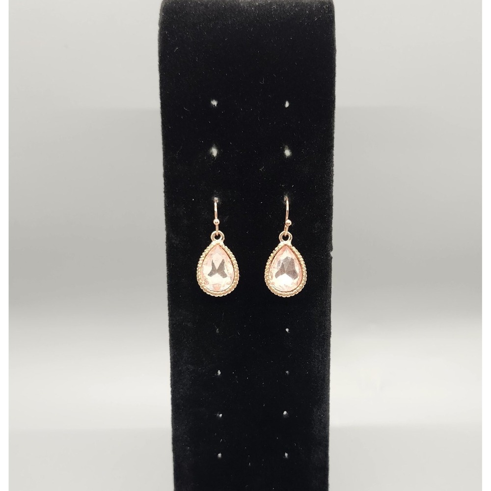 Rose Gold Tone Teardrop Dangle Earrings 1" Drop Faceted Stone Beaded Edge